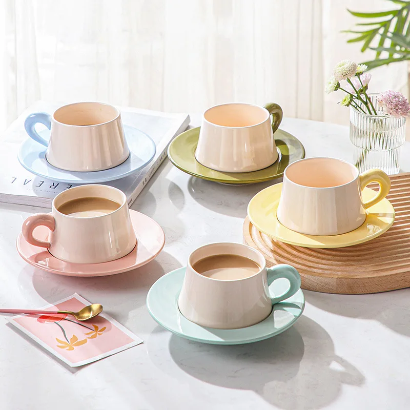 Creative Macaron-colored Ceramic Coffee Cup Saucer Set Exquisite Breakfast Bread Milk Cup Set Modern Ladies' Teacup Couple's Mug