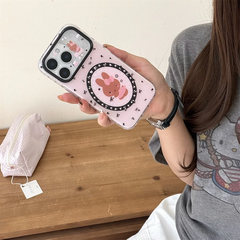 Korean Bow Small Flower Phone case for iPhone 17 16 15 14 13 17 Pro Max 16 Pro Funda With Chain Cute Miffy Rabbit Silicone Cover