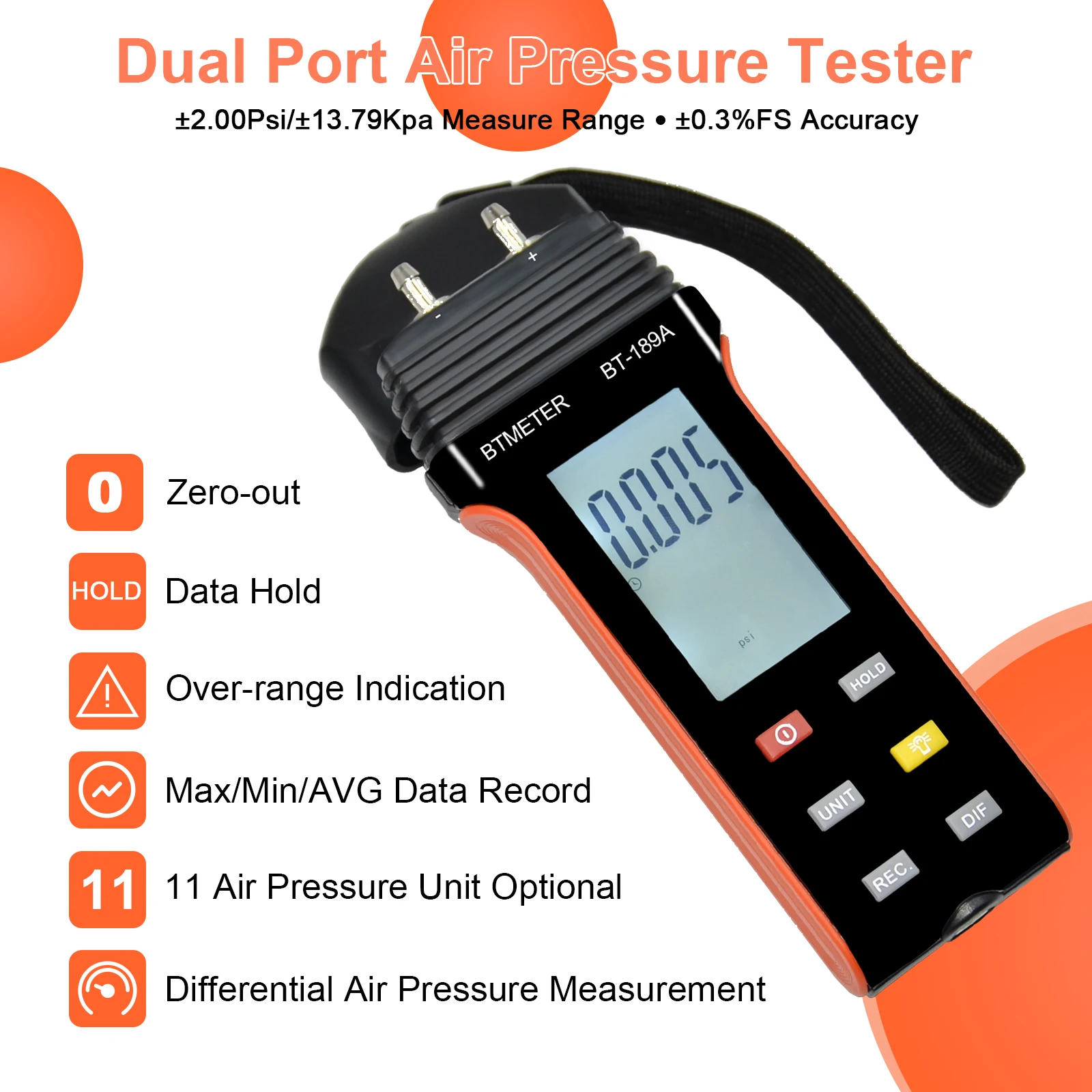 BT-189A Manometer HVAC Gas Pressure Tester 189A Dual-Port Air Pressure Meter Gauge with Hose Kit Measure Static Pressure