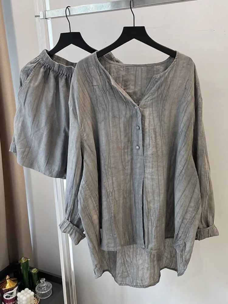 ey Baumwolle Leinen Set Frauen Sommer Lazy Sle Sonnenschutz irt Casual orts Leinen Zwei-stück Set Strukturierte Gefaltete V-ne L...