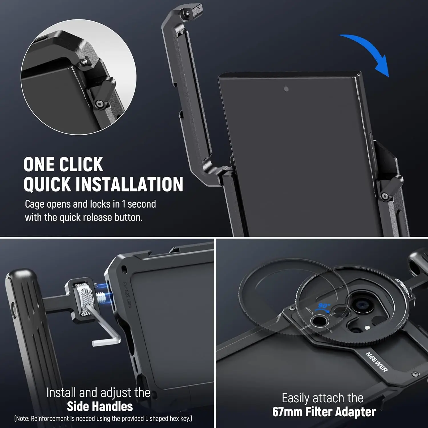 

NEEWER All Metal Smartphone Stabilizer 67mm Lens Filter Thread Adapter S22 Ultra Phone Cage Video Rig Kit with Dual Side Handles