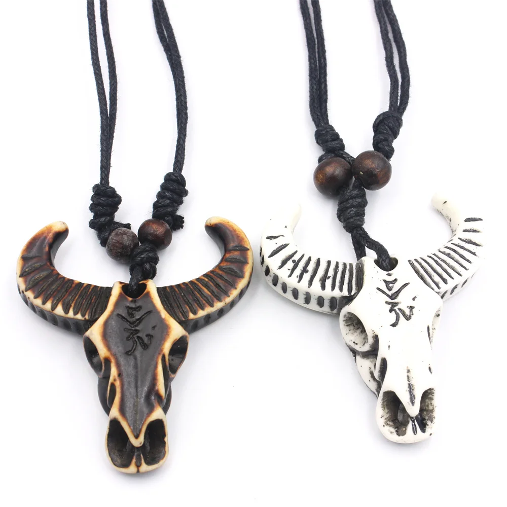 Men\'s Necklace Cow Skull Pendant Cool OX Head Choker Retro Jewelry Tribal Style Imitation Yak Bone Necklace Amulet Gift