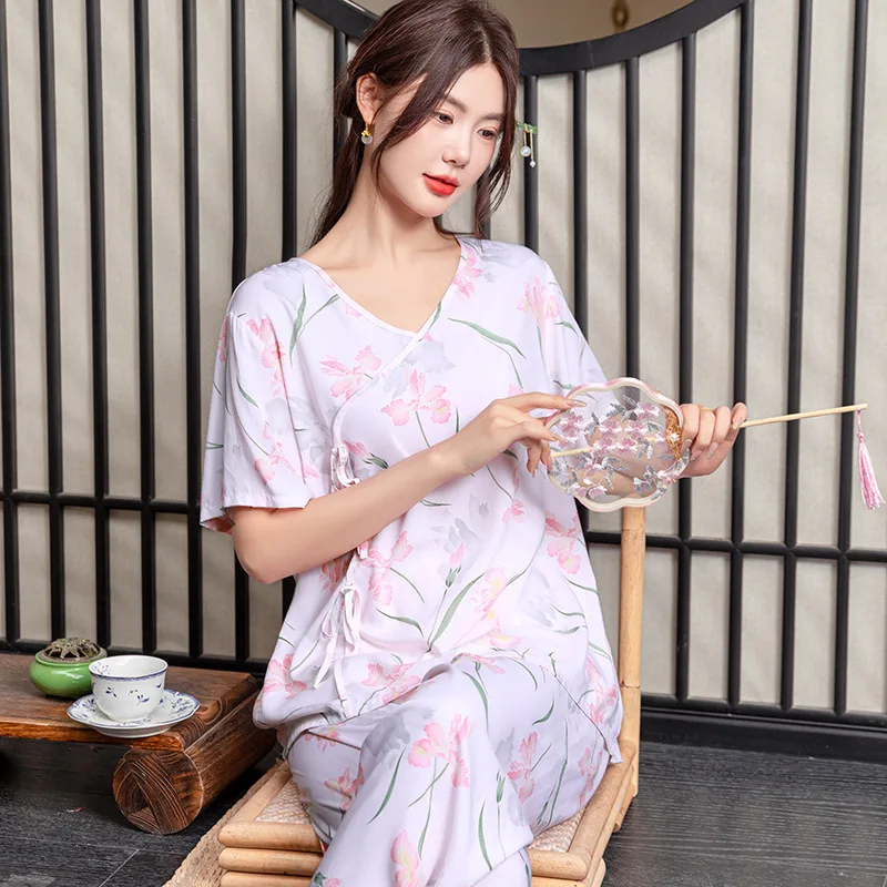 Cotton Silk Homewear Outfit Satin Pajama Sets Ensembles 2 Piece Pants Trouser Ruffled Lady Outfit Lounge Women Pijama Sleepwear