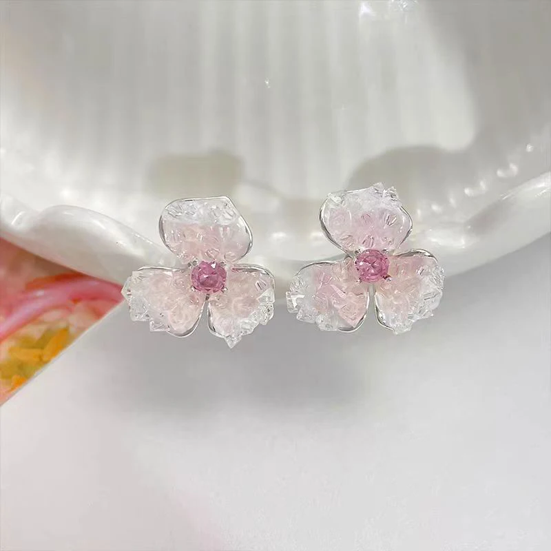 

New Fashion Pink Crystal Flower Stud Earrings for Women Simple Sweet and Elegant Temperament Girls Party Trendy Jewelry Gift