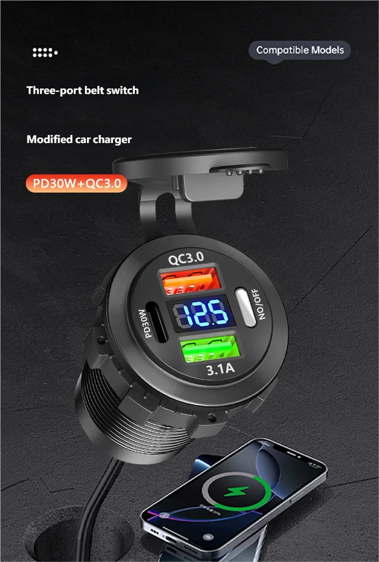 Neue Auto USB Ladegerät PD 3,0 & QC 3,0 Schnelle Lade Buchse mit Voltmeter Ein/Aus Schalter 12/24 V für Motorrad Boot Auto Zubehör – Detail 4