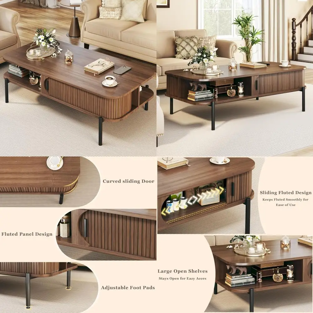 

Mid Century Modern Coffee Table Storage Open Shelf Fluted Design Living Room Furniture