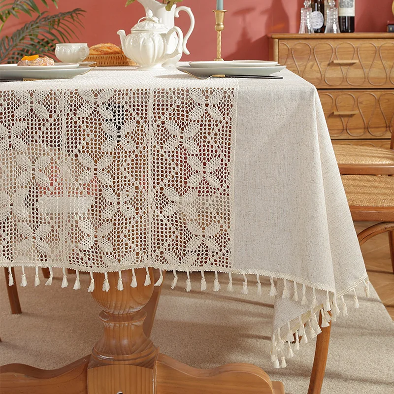 Solid Color Cotton Linen Tablecloth Light Luxury Lace Crochet Party Wedding Devor Tea Table Cloth Tassels Background Cloth Prop