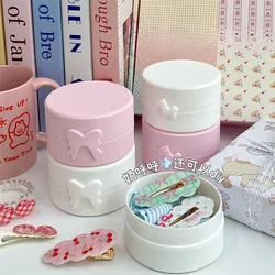 1Pc INS Cute Macaron Bow Round Storage Box Kawaii Girls Jewelry Hairpins Dustproof Box Travel Portable Small Sundries Organizer