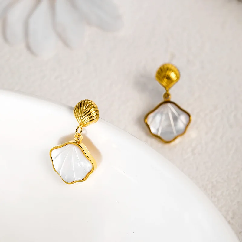 GANPUP 316l Edelstahl Naturstein Muscheln Baumeln Ohrringe Frauen 18k PVD Überzogene Mode Urlaub Schmuck Wasserdicht Geschenk – Detail 4