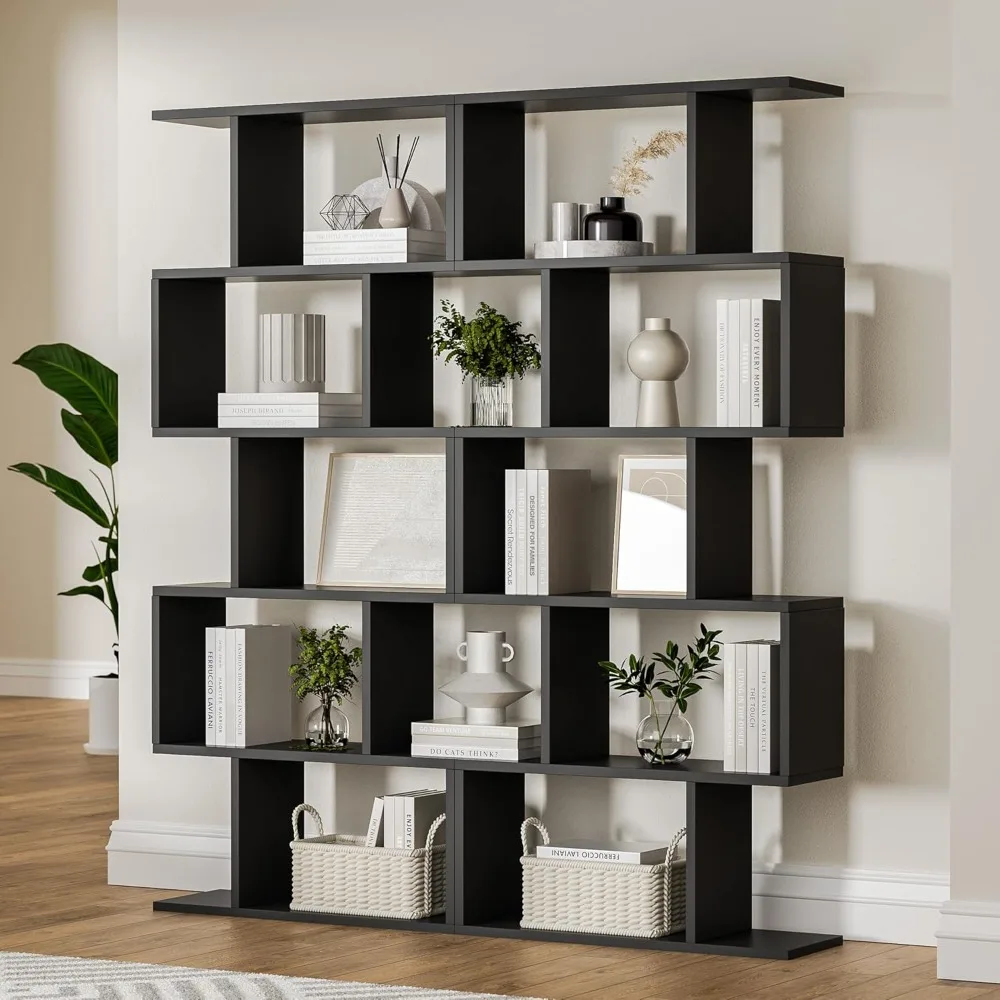 

Black 5-Tier Geometric Bookcase, S-Shaped Modern Bookshelf Set of 2, 62.6" Tall Room Divider Book Shelf, Decorative Display