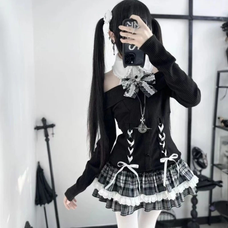 Japanese Gothic Y2k Lolita Skirt Set Women Sweet Lace Bow Bandage Knitted Off-shoulder Top Plaid Mini Skirts Kawaii Slim Outifit image 6
