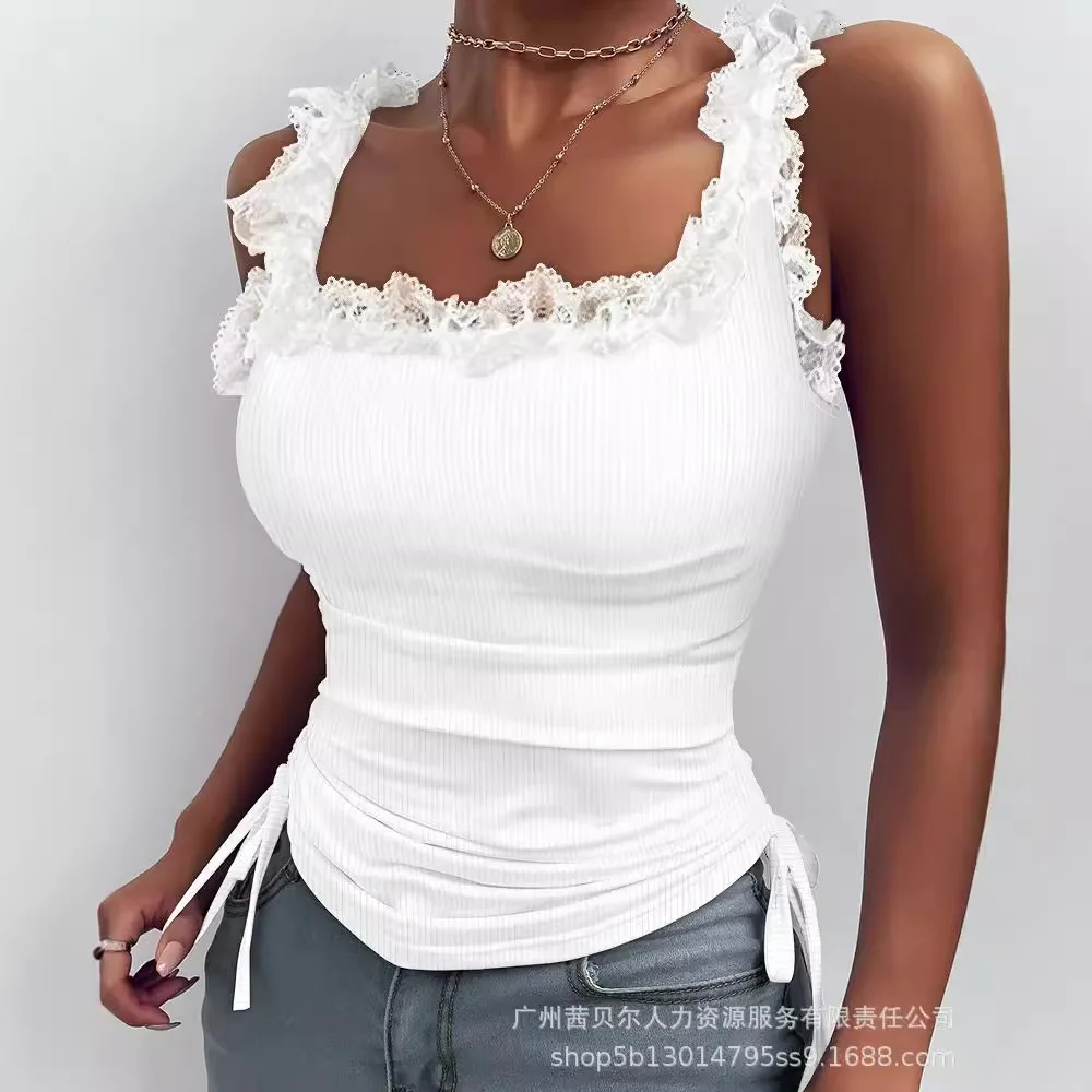 Lace Stitched Pit Strip Pleated Top for Women Fashion Solid Womens Tanks Top