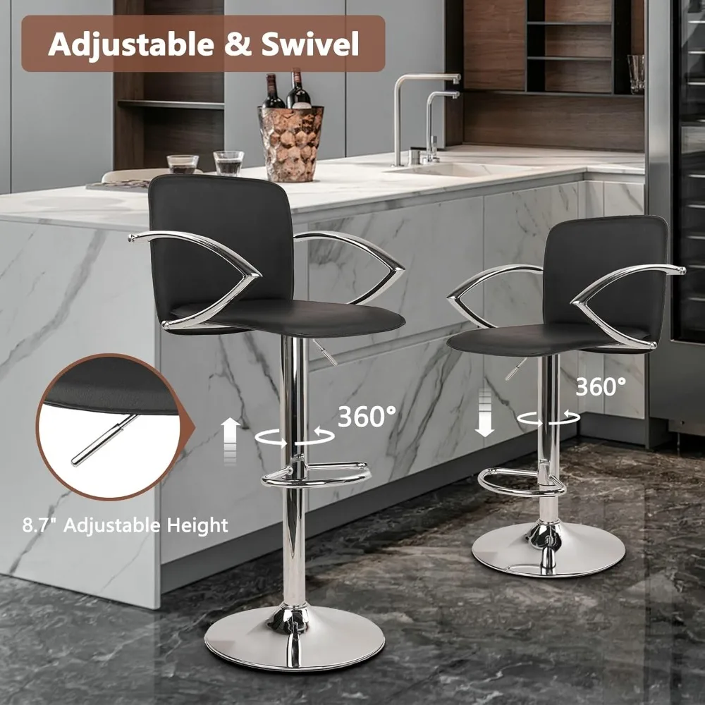Taburete de bar Juego de 2 taburetes de mostrador de altura ajustable Sillas de bar con reposabrazos, respaldo ergonómico y reposapiés, giratorio de 360 grados