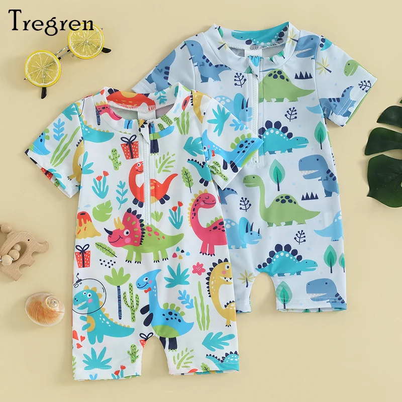 

Tregren 0-3Y Toddler Baby Boys Rash Guard Swimsuit Cartoon Dinosaur Print Short Sleeve Zip Up Swimwear Summer Beach Bathing Suit