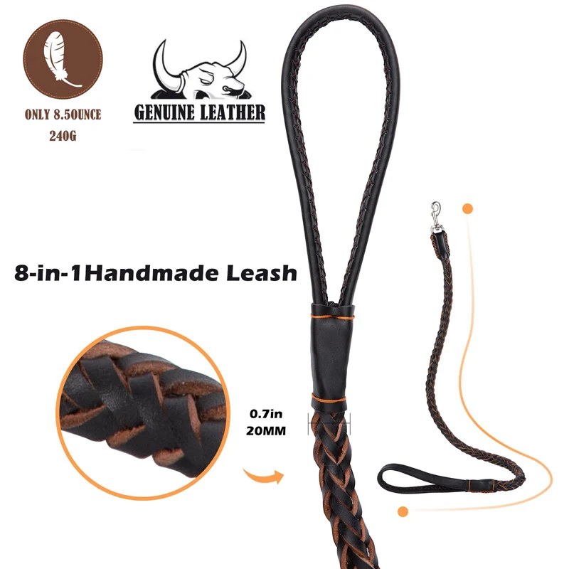 Benepaw Strong Leather Dog Leash Durable Cowhide Braided Pet Lead For Medium Large Dogs Training Heavy-duty Handmade Rope