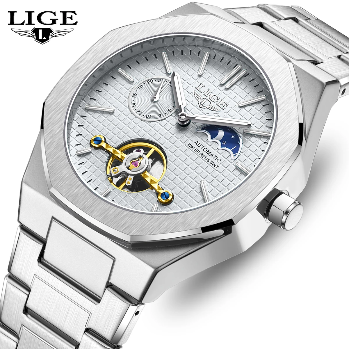 

LIGE 2025 новые роскошные автоматические часы для мужчин с турбийоном и фазой Луны, автоматическая дата, неделя, механические наручные часы, мужские часы
