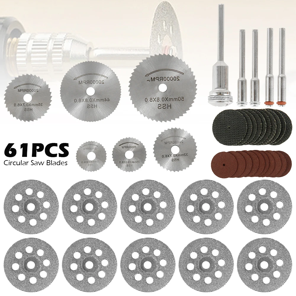 

61Pcs Cutting Wheel Discs Set for Metal Wood Plastic HSS Diamond Universal Cutting Circular Saw Blades Rotary Tool Accessories