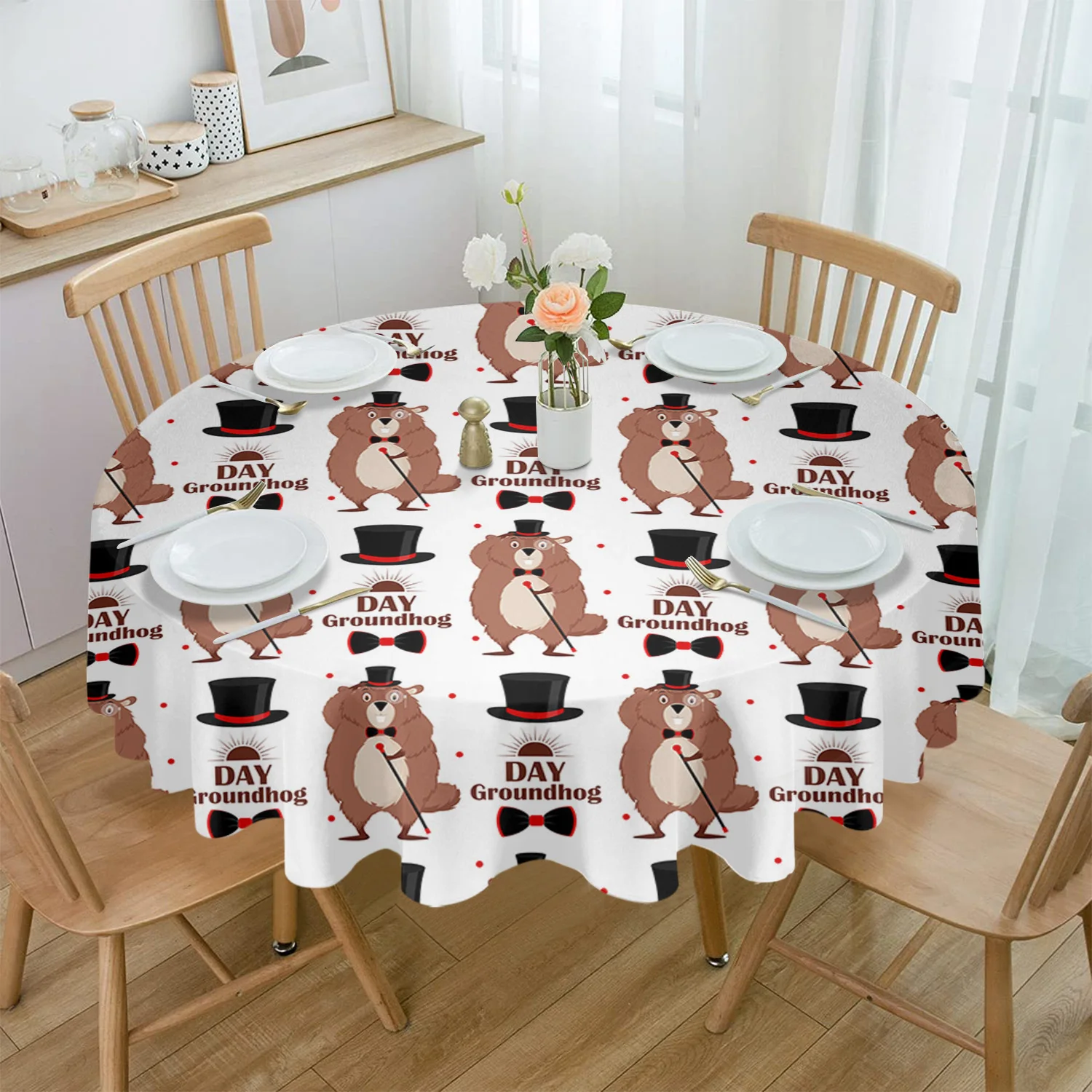 Groundhog Day Spring Waterproof Tablecloth Tea Table Decoration Round Table Cover for Kitchen Wedding Party Home Dining Room