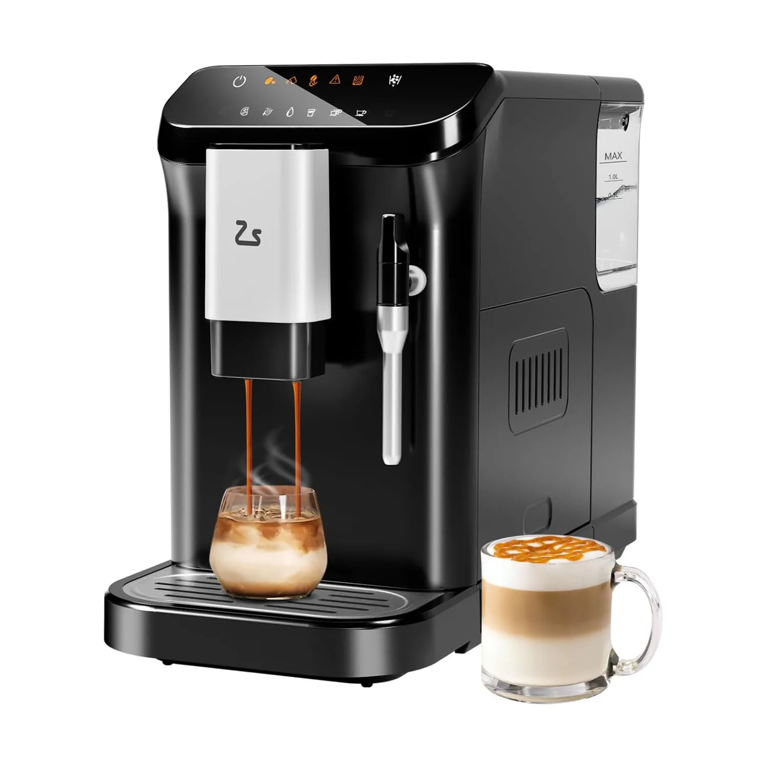 Vollautomatische Espressomaschine mit Mahlwerk und Milchaufschäumer, Touchscreen-Steuerung, 20-Bar-Druck, One-Touch-Latte und Cappuccino