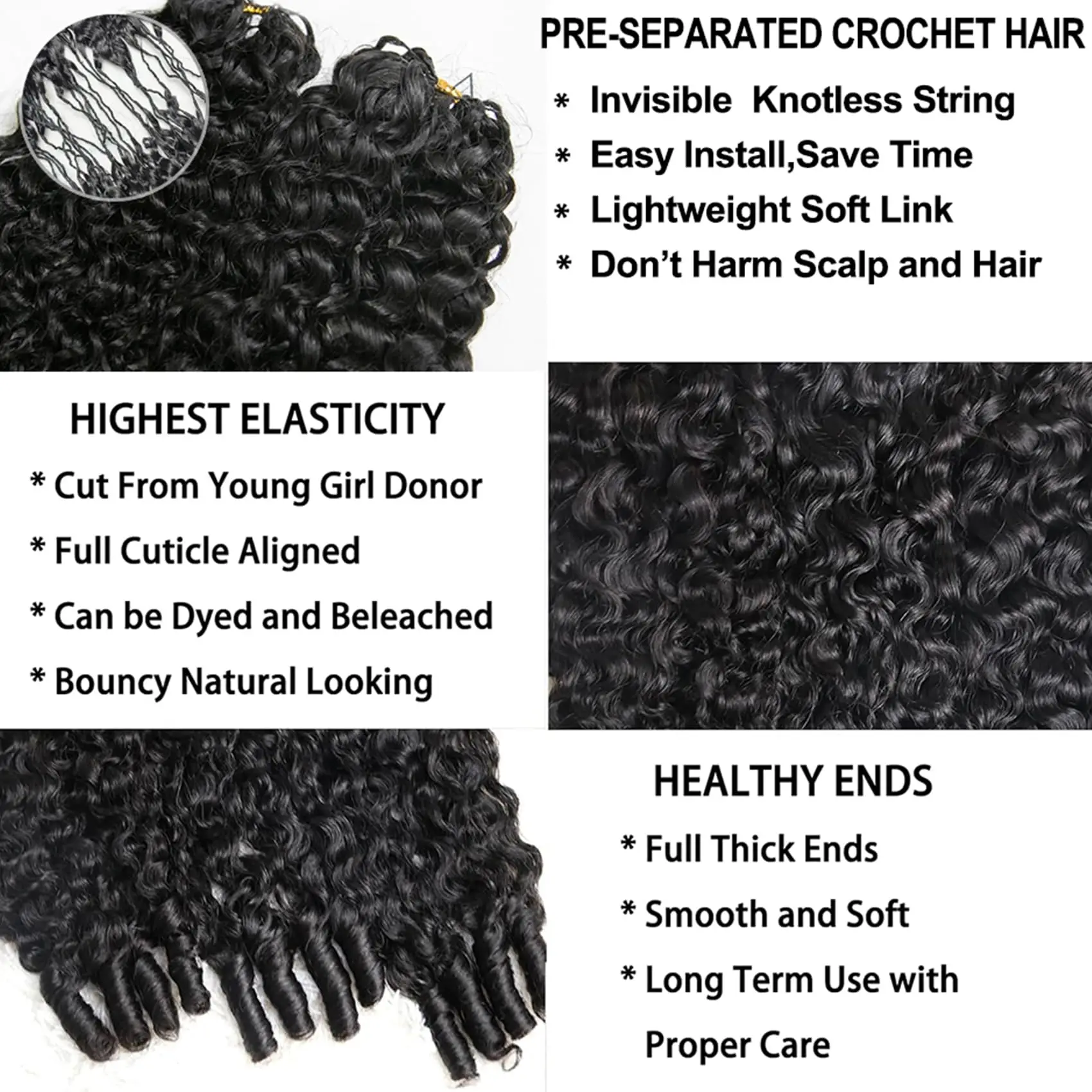 Burmese Curly Feather Crochet Human Hair Extensions Pre Looped For Black Women Pre Separated Knotless Hair For Braiding