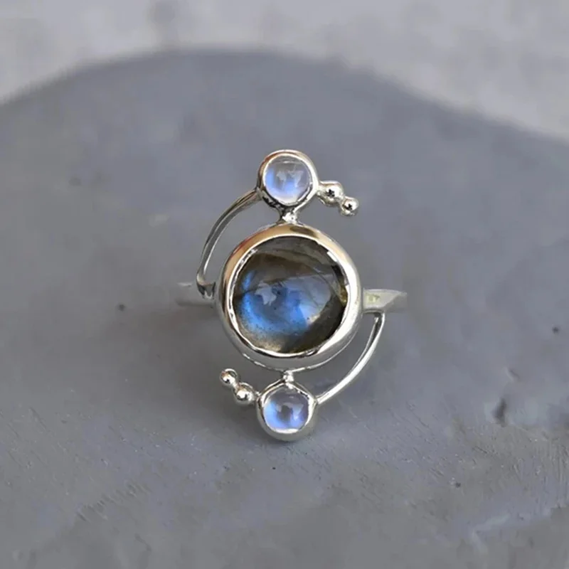 YISON Design Inspired Round Shaped Labradorite Three Stone Rings for Woman Girl‘s Finger Ring Promise Party Jewelry Gifts
