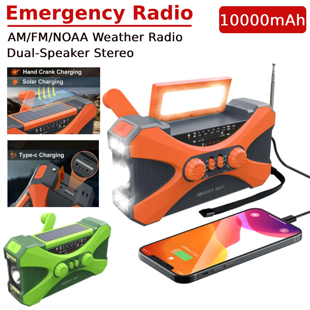 

10000mAh Solar Powered Hand Crank Rechargeable Radio AM/FM/NOAA Weather With Flashlight/Reading Light/SOS Alarm