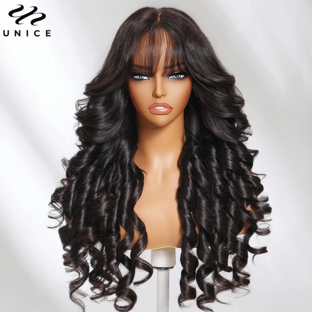 Unice Hair Loose Wave 13x4 Человеческие волосы Кружевной фронтальный парик с челкой Предварительно вырезанный Предварительно выщипанный Парик из натуральных волос на кружеве