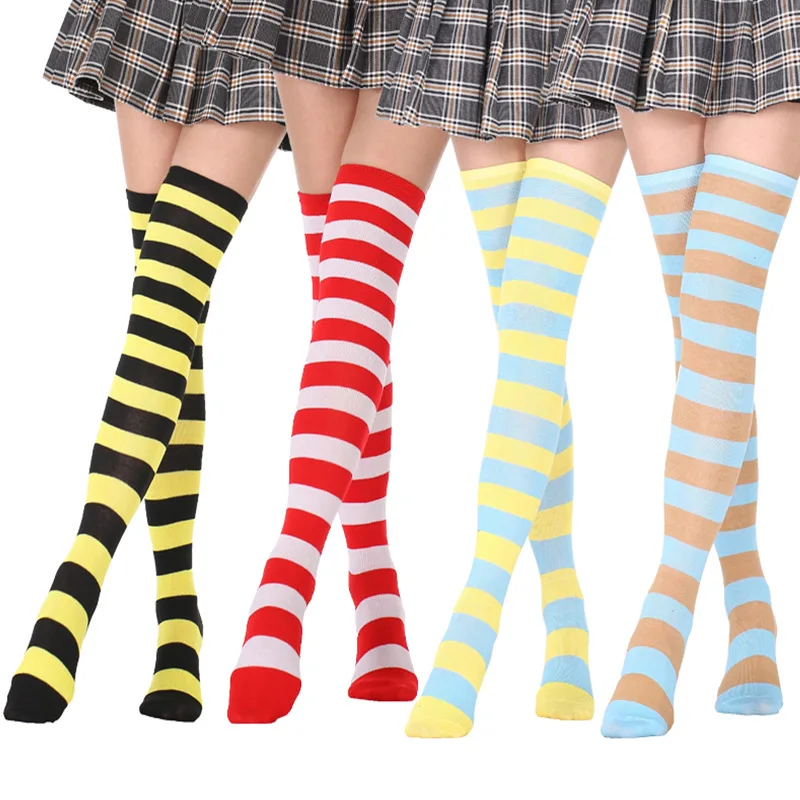 1 زوج جوارب مخططة ملونة اليابانية فوق جوارب طويلة موضة النساء الدفء جورب مثير سليم طويل جورب أسود أبيض مخطط #1