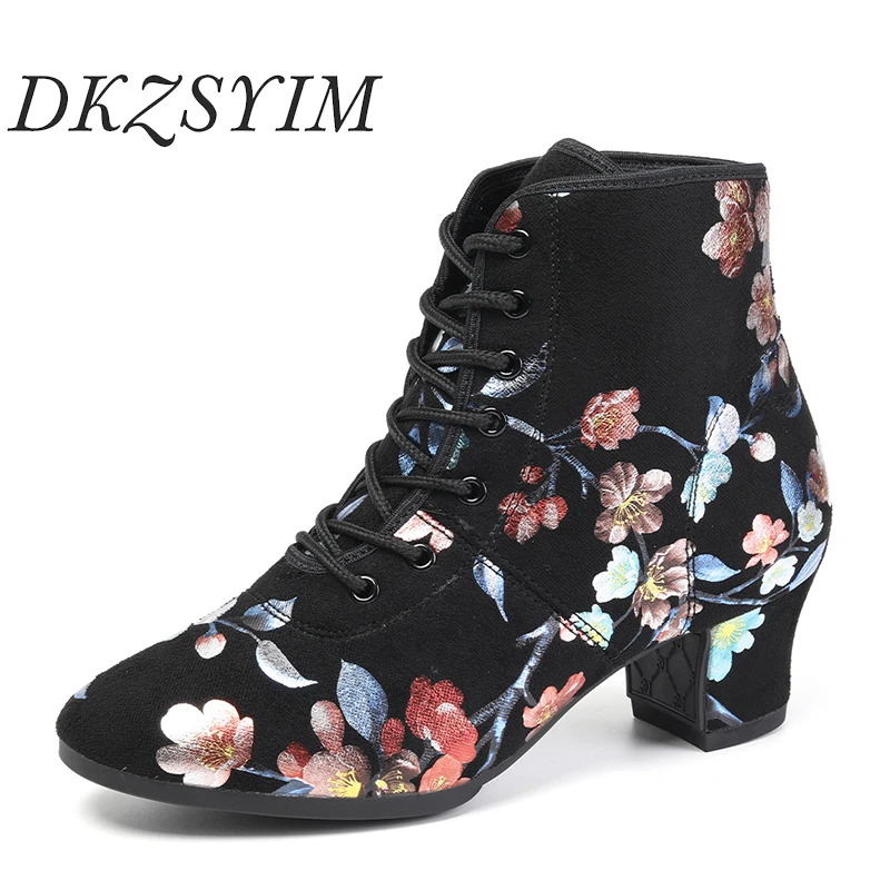 DKZSYIM Black Flower Dance Shoes Ballroom Boots Tango Latin Modern Women Oxford Cloth Lace-Up Practice Dance Shoes Heels 3.5/5cm