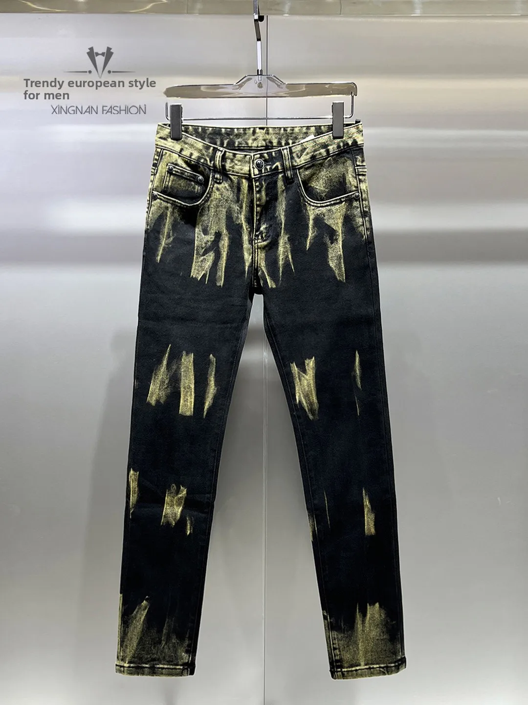 

Slim Fit Men's Denim Jeans Tie Dye Thickened Autumn Winter Straight Leg Casual Trousers Youth Popular Style Small Straight Foot