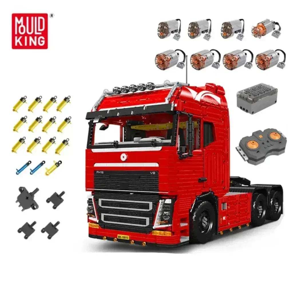 MOULD KING 19015S Technical Heavy Duty Trailer FH16 Tractor Truck Model Building Blocks Pneumatic Truck Toy for Adult 19015T