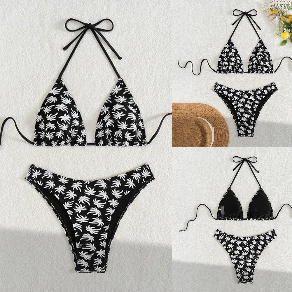 1 conjunto senhoras preto biquíni novo floral impresso split maiô feminino sexy halter push up cintura alta hoiday banho