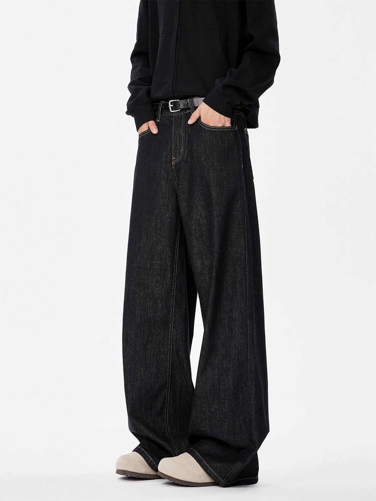 

American Retro Cleanfit Denim Black Wide Leg Men's Jeans Loose Drapey Straight Casual Long Trousers Trendy Youth Jeans