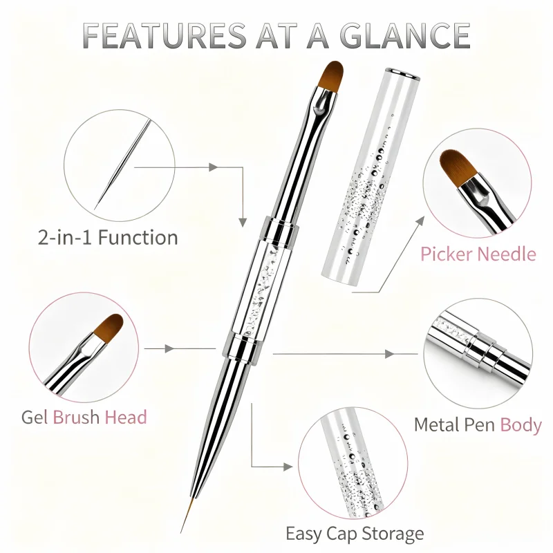 1PC Double‑Ended Nail Art Brush, 2‑in‑1 Polymer Gel Brush and Picker, Odorless Gel Nail Design Tool for Quick Nail Extension