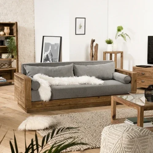 

Living Room Furniture Set Rustic Reclaimed Solid Wood with Wood Arms Sofa