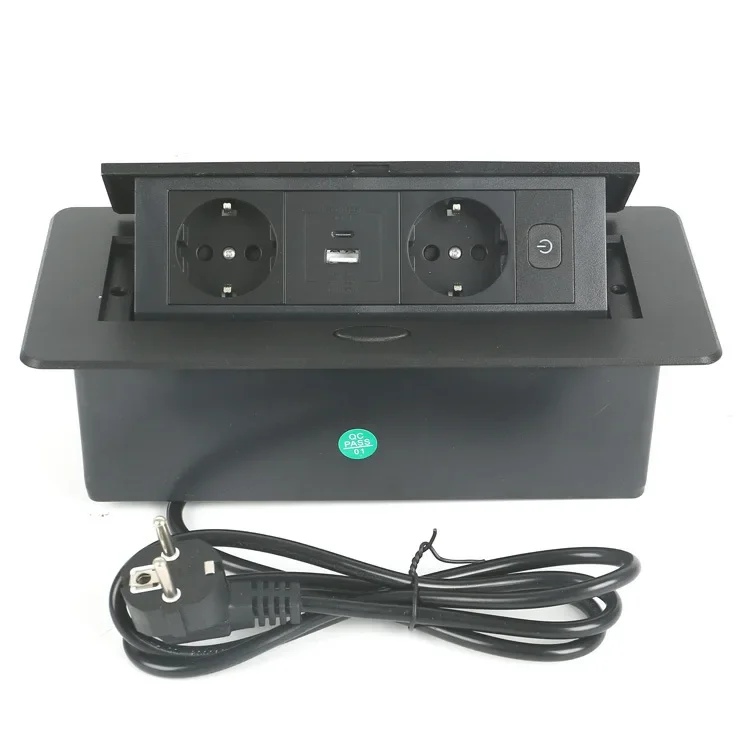 EU Table Pop Up Socket 10A 2500W 2 Outlets USB A Type C 5V 3.1A PD 15W AC110 220V with Switch Embedded Hidden Alloy White Socket