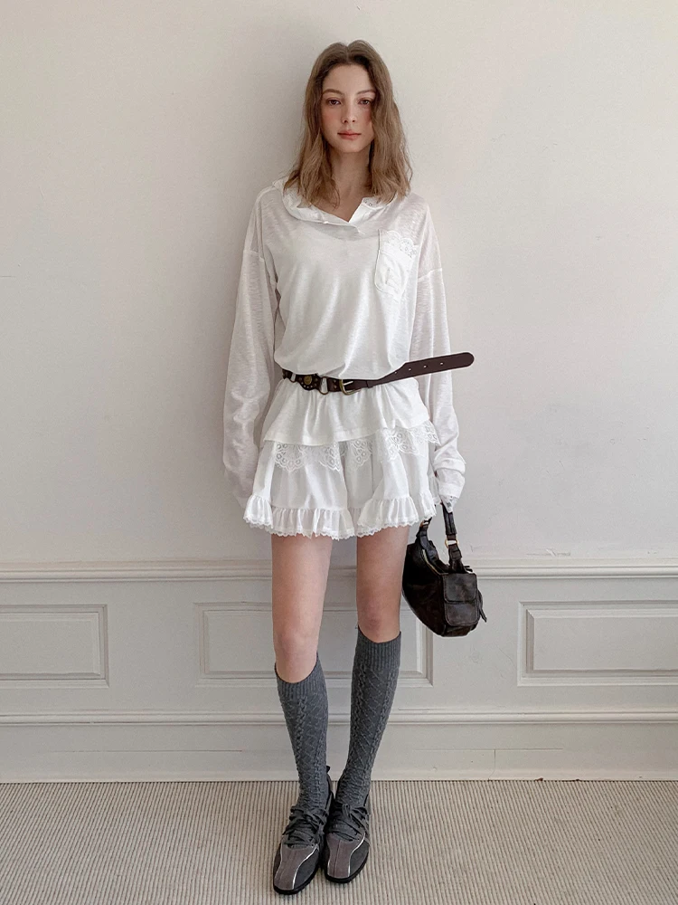 

Женская прозрачная тонкая универсальная футболка-худи LREEDOM с кружевом, свободного кроя, для весеннего сезона