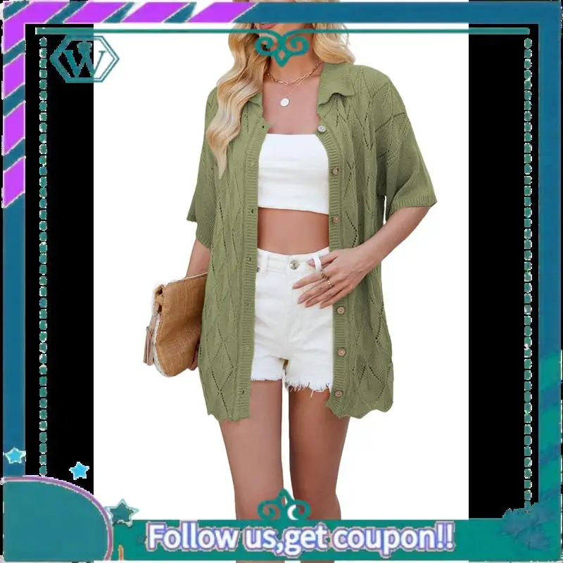 

A09P Women's Summer Cable Knit Cropped Button Down Collar Sweater Shirts