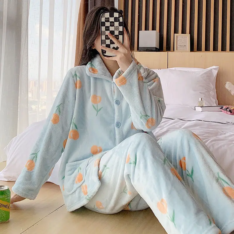 2023 New Autumn Winter Thick Coral Fleece Pajamas Women's Set Loungewear Plus-plus-size Cute Flannel Long-sleeved Sleepwear