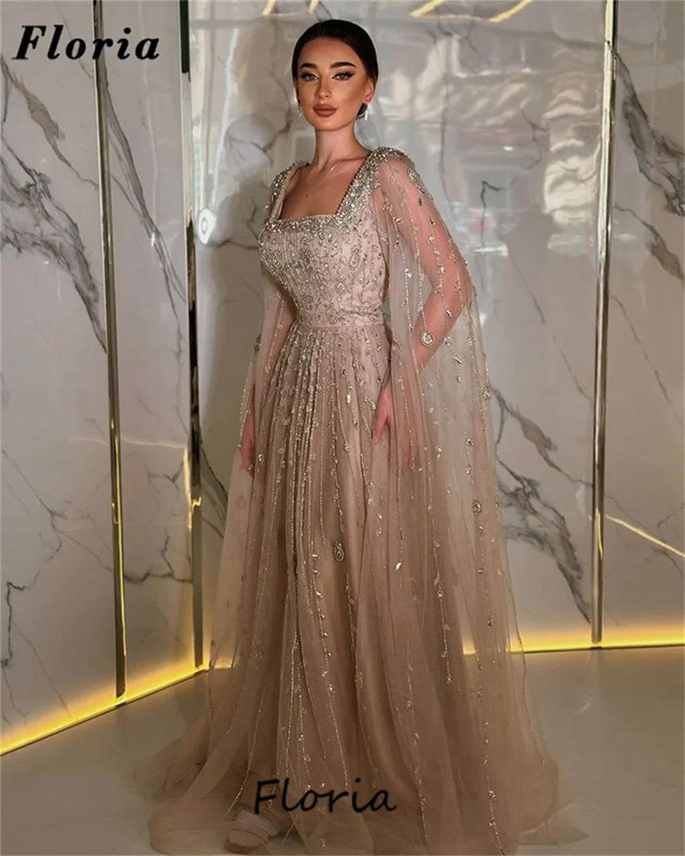 Middle East Cape Sleeves Evening Dresses Customize Dubai Beaded Sequins Women Wedding Party Dress Vestidos De Cóctel Prom Gowns