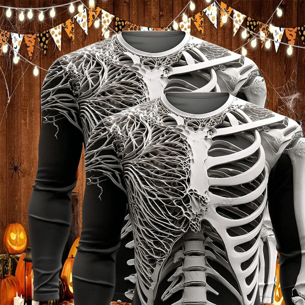 Halloween Long Sleeve T-shirt Funny Skull Skeleton 3D Printed Tshirt Men Women Fashion Exaggerated Casual Tops Tees Men Clothing