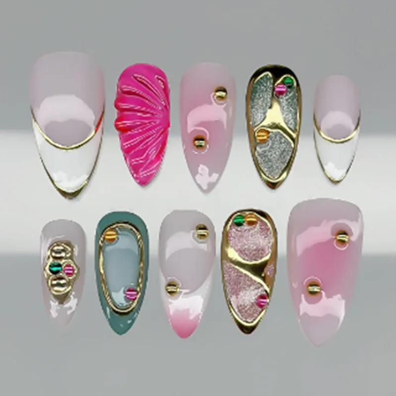 

24pcs 3D Cat Eye Hot Pink Press-On Nails with Gold Rhinestones & Irregular Gold Patterns, Long Almond Shape, Assorted Sizes