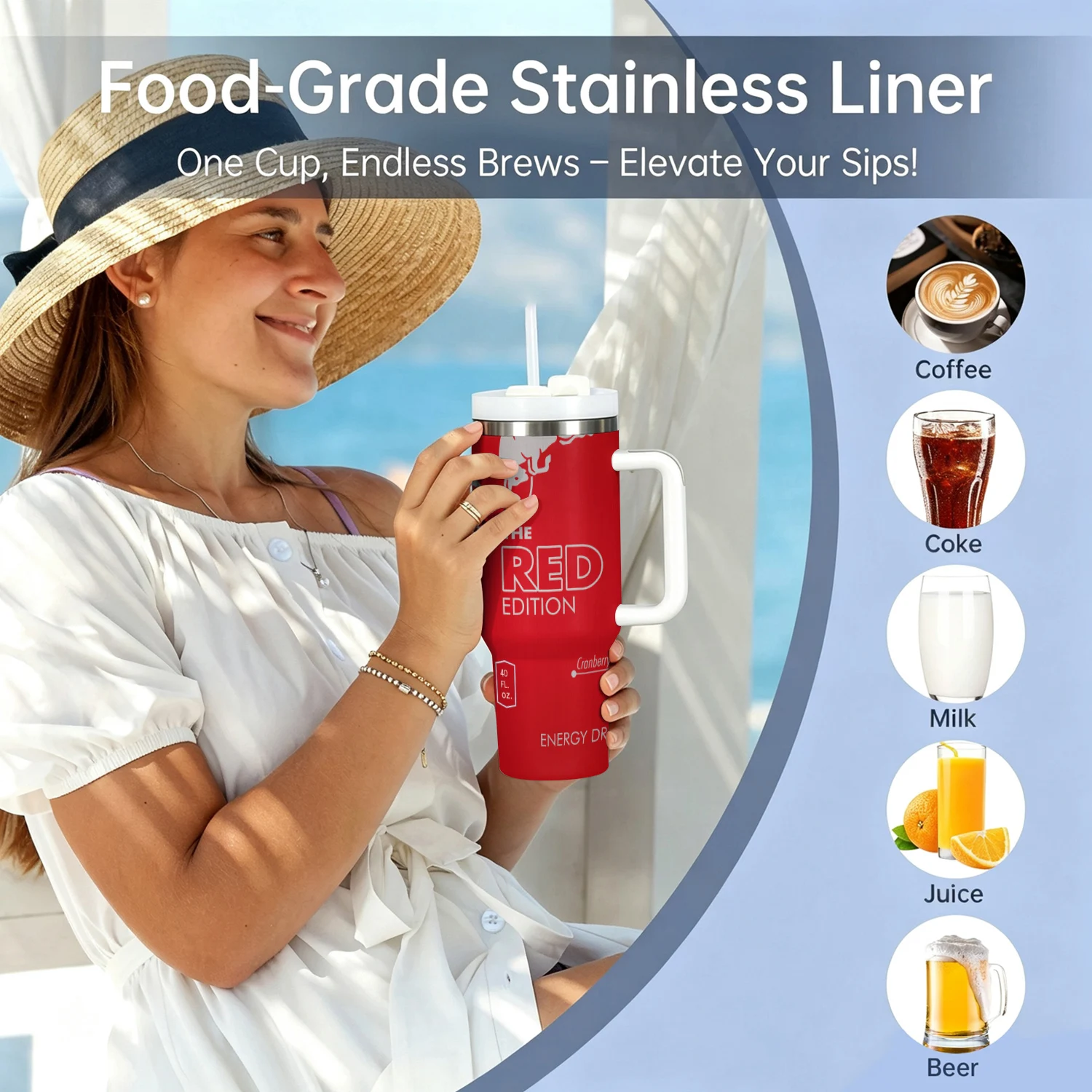 40oz Coconut Berry Energy Drink Vacuum Flask Stainless Steel Insulated Water Bottle with Handle Straw for Hot Cold Tumbler Gift