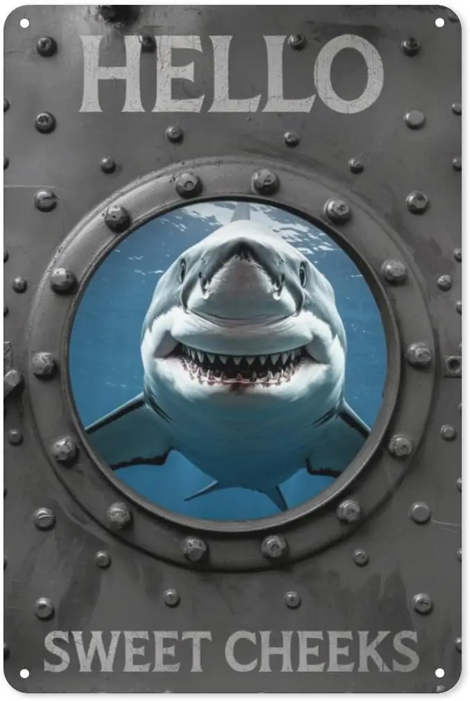 Nautical Porthole Tin Sign 8X12IN Vintage Metal Wall Art for Marina Office, Boat Cabin & Pirate Theme Room Decor with Shark