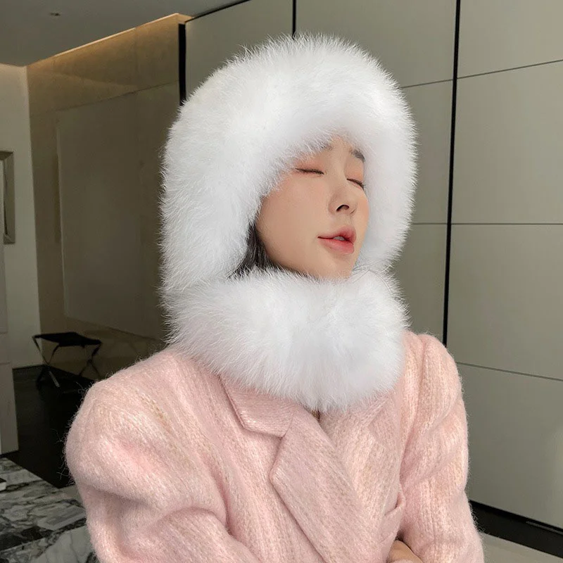 Winter Women's Woven Hat Thickened Fox Hair Scarf Integrated Mongolian Hat Russian Fashion Outdoor Warmth Ear Protection Hat