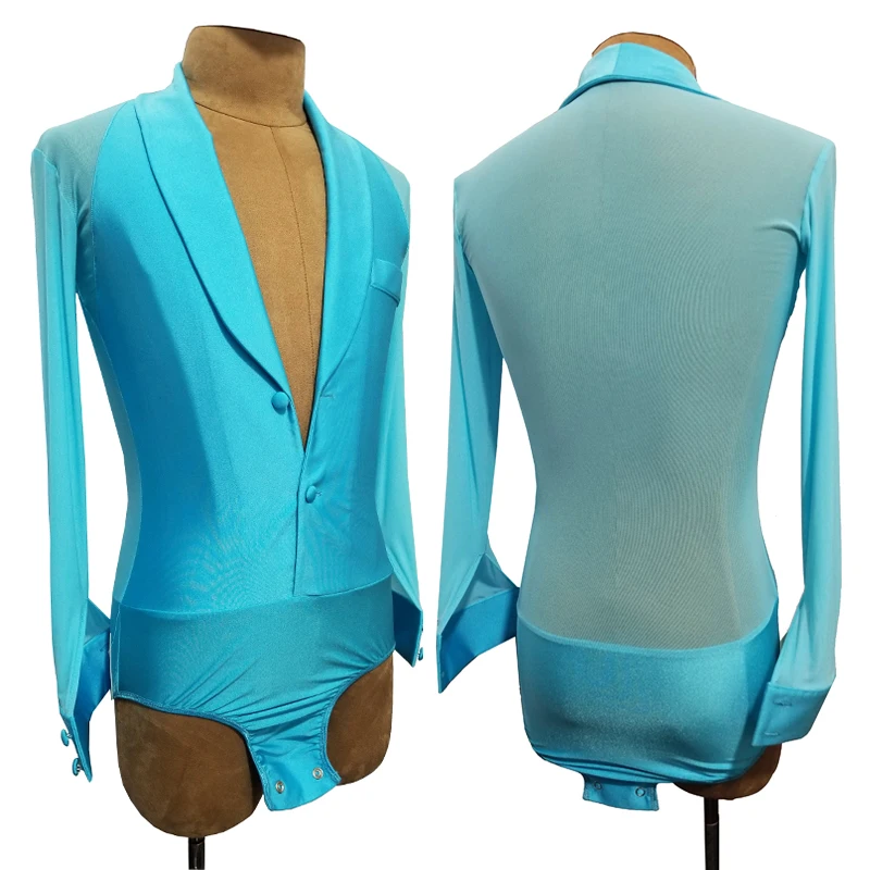 Blue Latin Dance Tops For Men Ballroom Dance Competition Clothing V Neck Bodysuit Cha Cha Rumba Samba Dance Clothes DNV17482