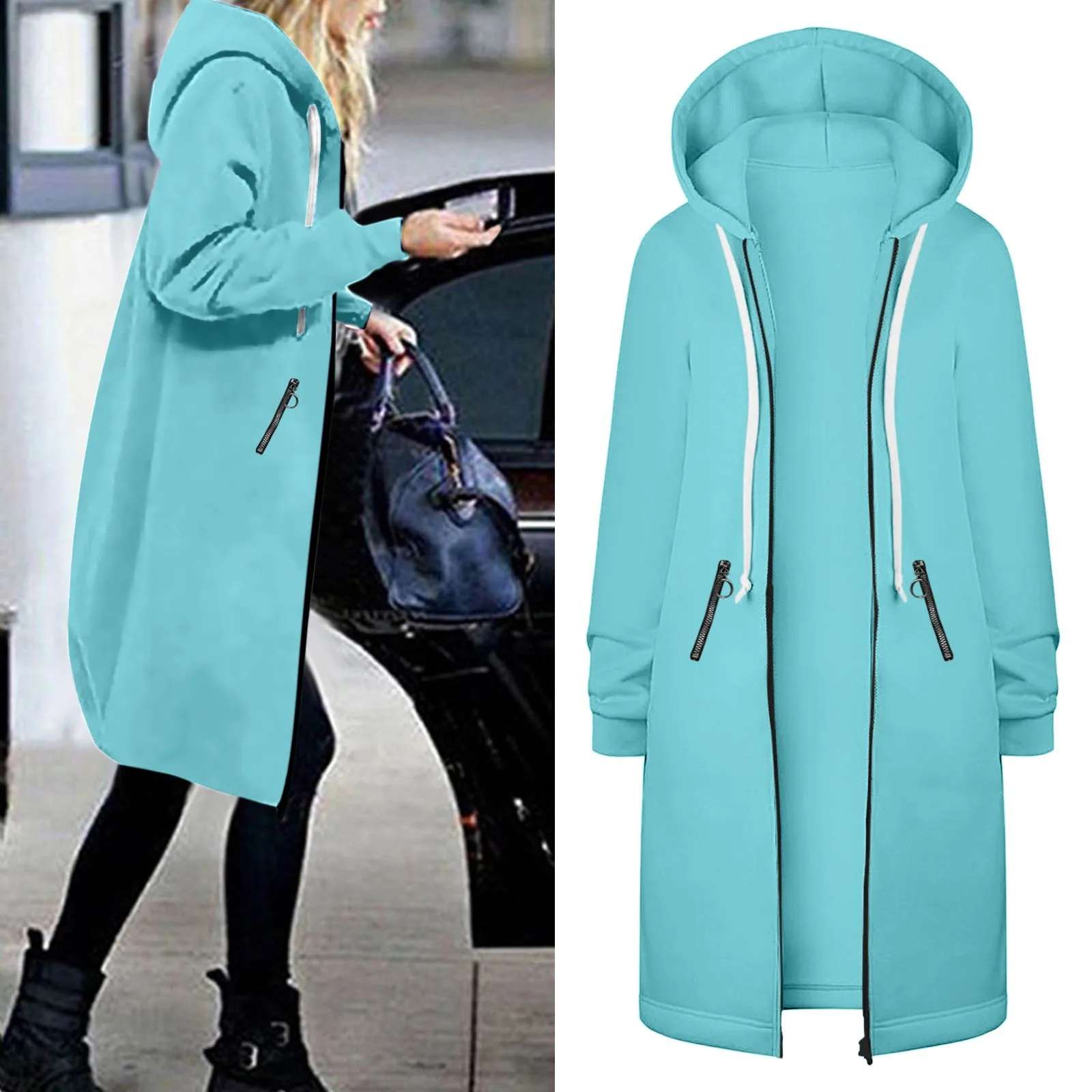 

Long Hooded Coat For Women Jacket Fashion Streetwear Autumn Windproof Long Outwear Solid Color Hooded Zipper Pocket Overcoat