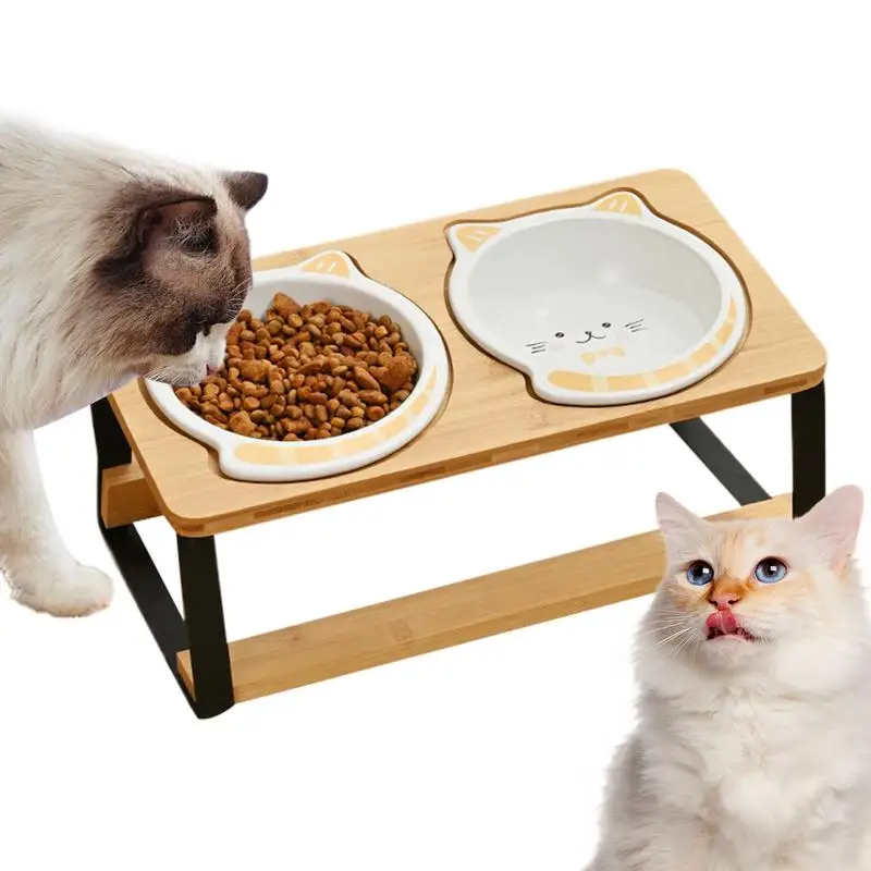 

Cat Food Bowls Elevated Cat Raised Food Bowl Double Tall Ceramic Dish Spill-Proof Non-Slip Wooden Base For Kitten Puppy Eating