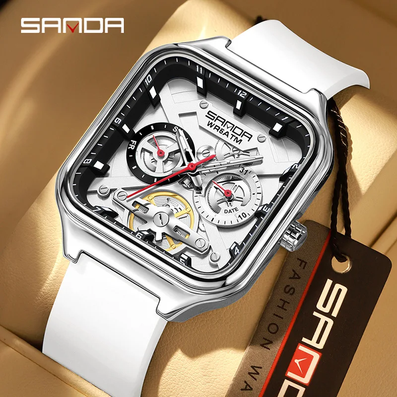 スクエアメンズクォーツ腕時計-クラシックレトロメカニカルデザイン-防水夜光時計-カレンダー表示付き-スタイリッシュで耐久性のある腕時計