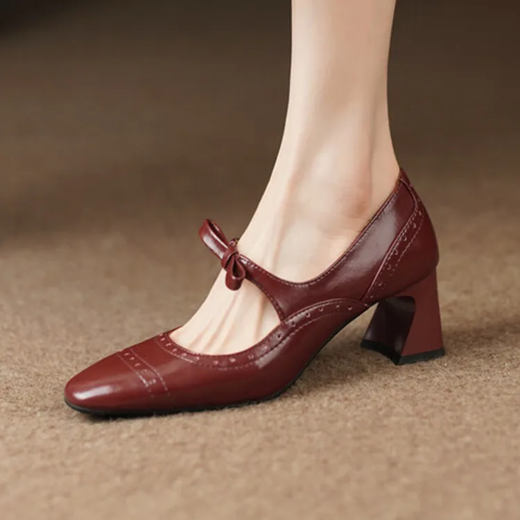 Vintage2023 Wine Red Women Mary Jeans Pumps Block Design Square High Heels Bowknot Strap Black Formal Dress Chaussure Femininos